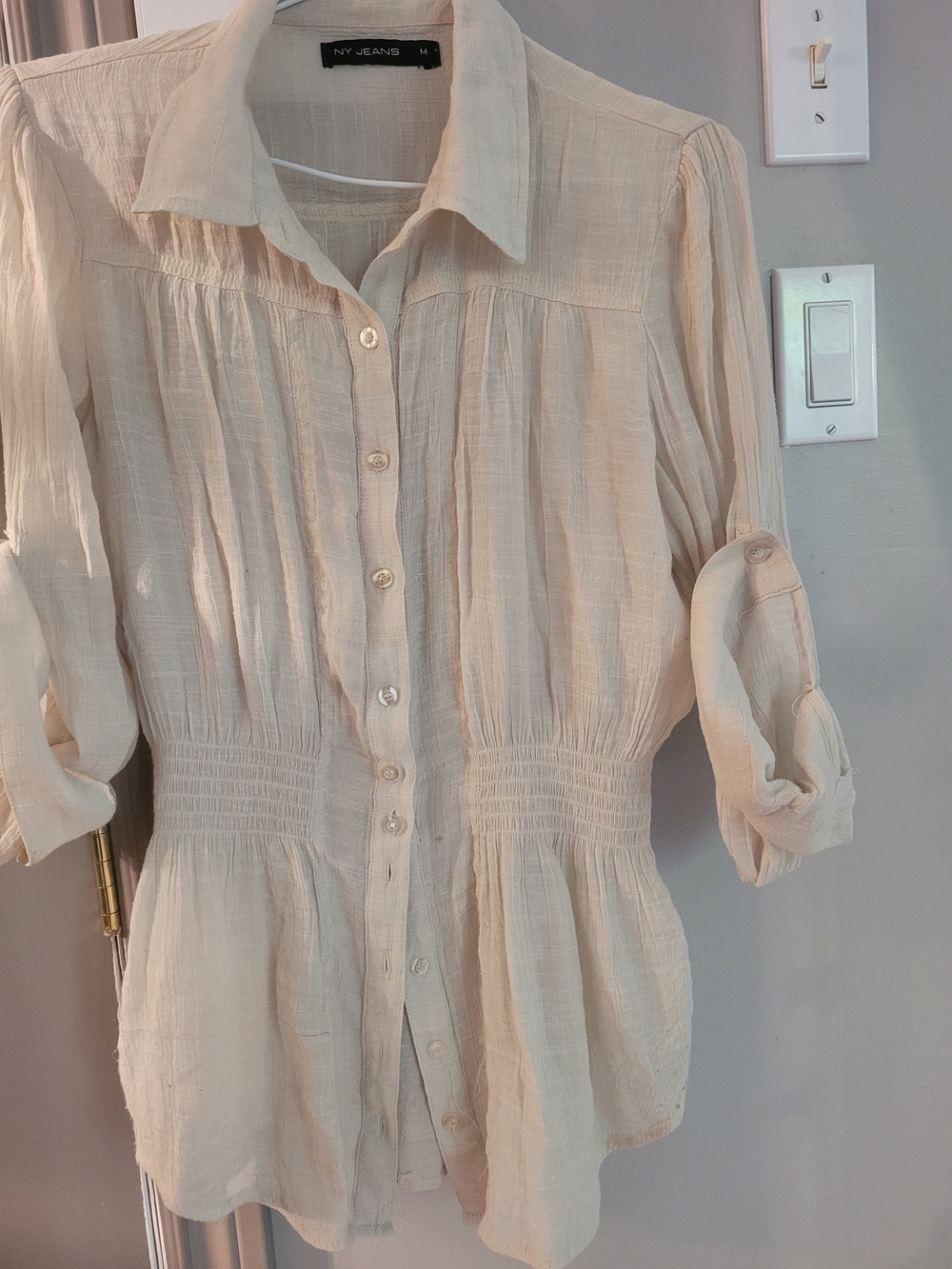 NY Jeans Cream Button-Front Textured Peasant Shirt